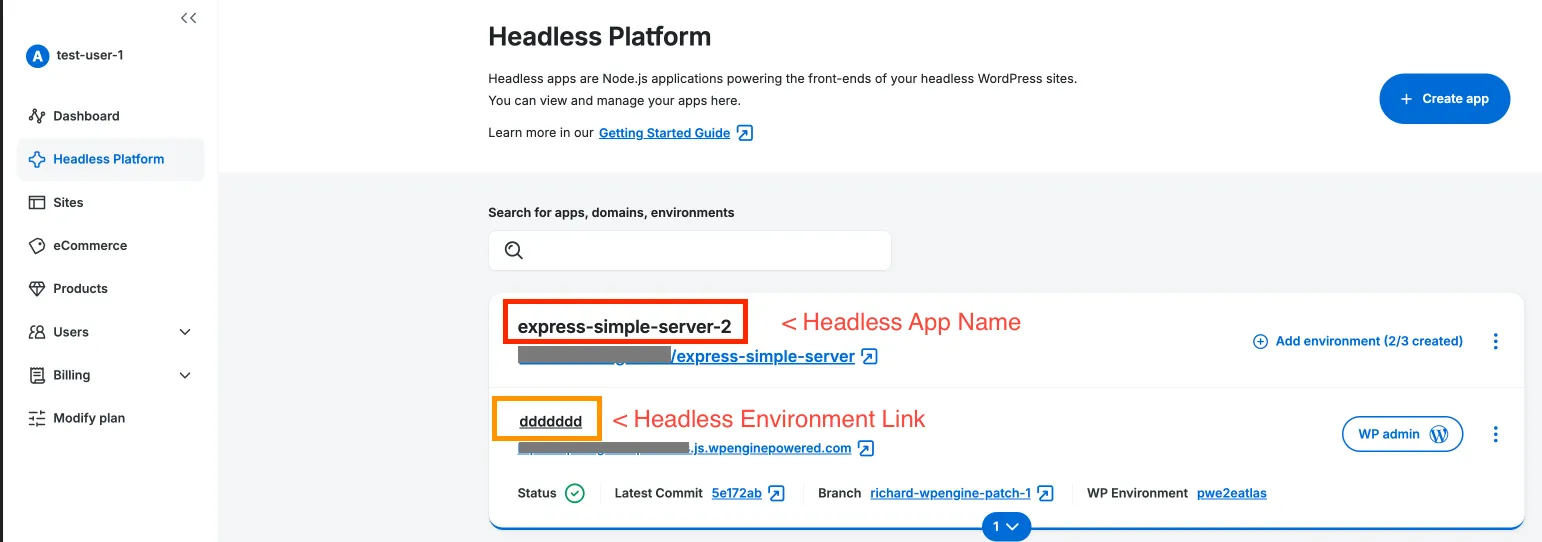 Select an app's environment link to visit it's Environment Details page